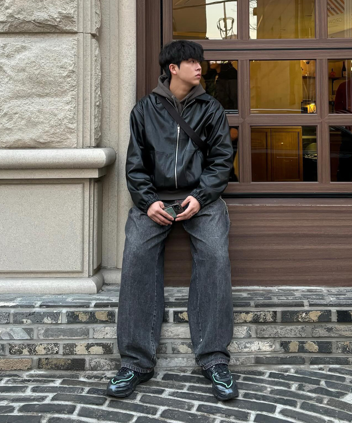 Oversized Fit Two-Way String Single Vegan Leather Jacket Black